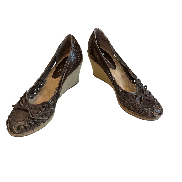 Dani Black Brown Leather Huarache Wedges, Sz 7.5 - Picture 4 of 12